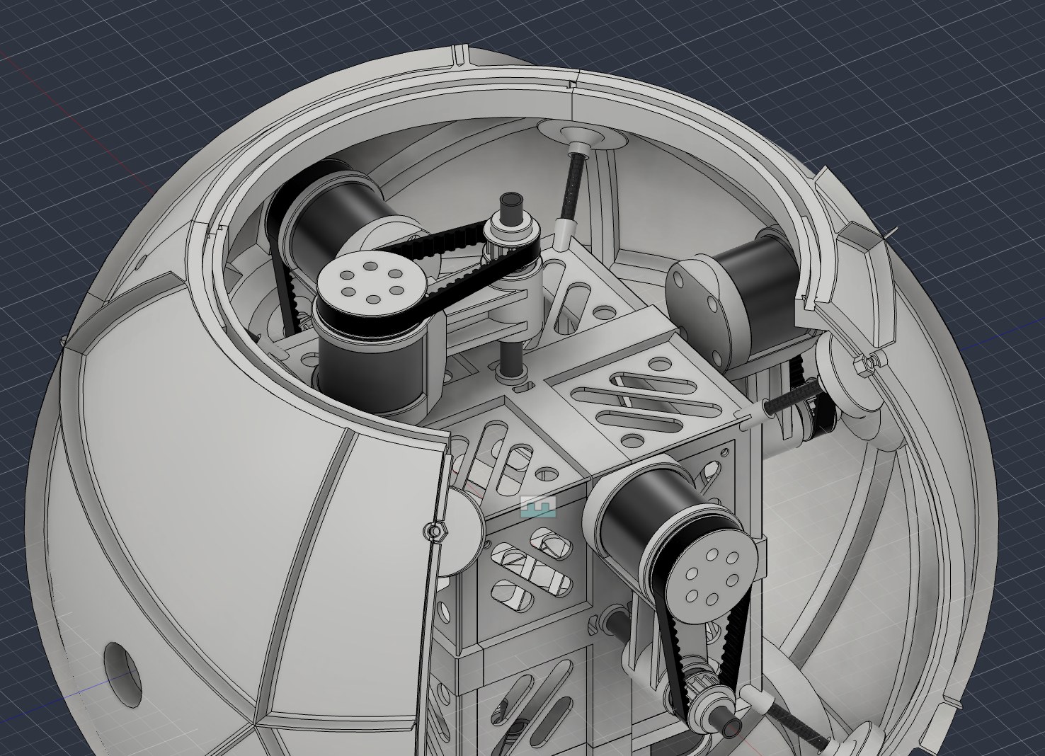 CAD view inside an earlier version of the robot, with motors and belt drives around a central frame