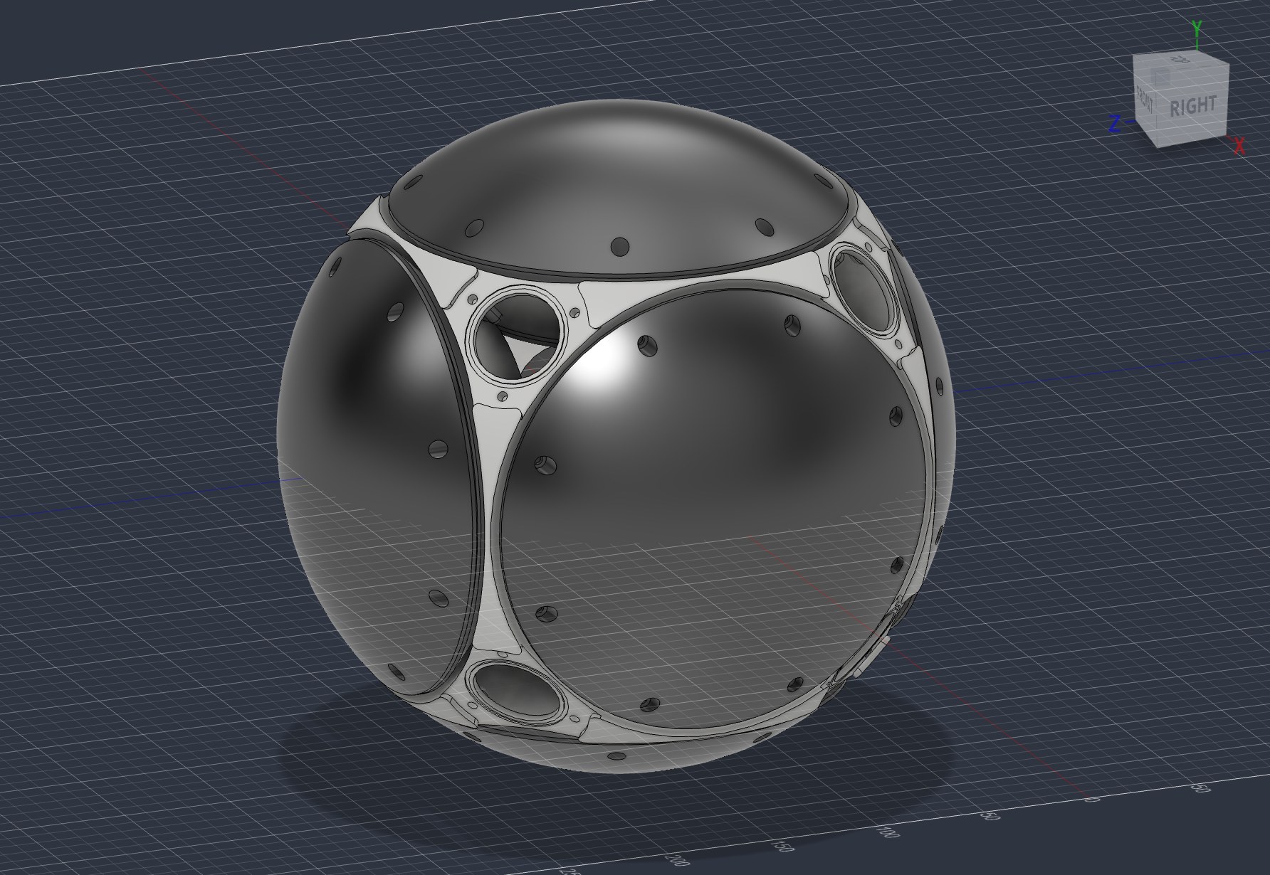 CAD render of the most recent Argus V2 design: a sphere with dark shell sections and circular openings