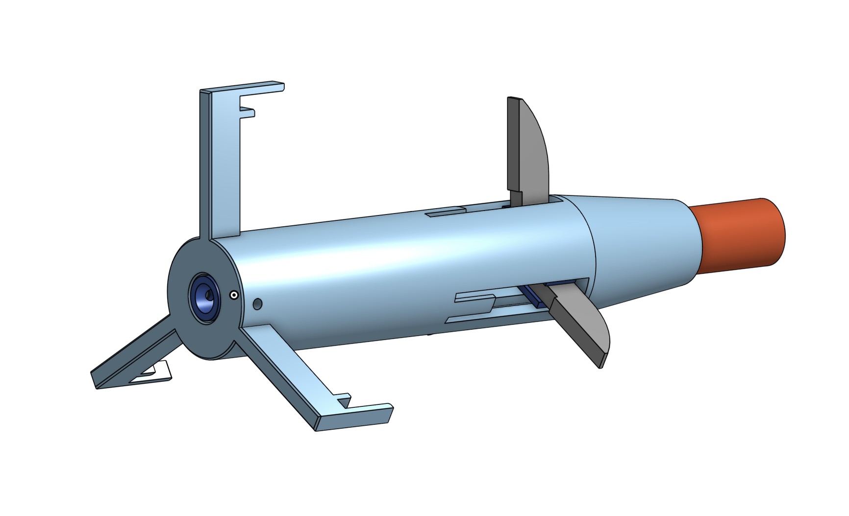 CAD render of the nozzle-mounted igniter assembly with its hooked retention arms
